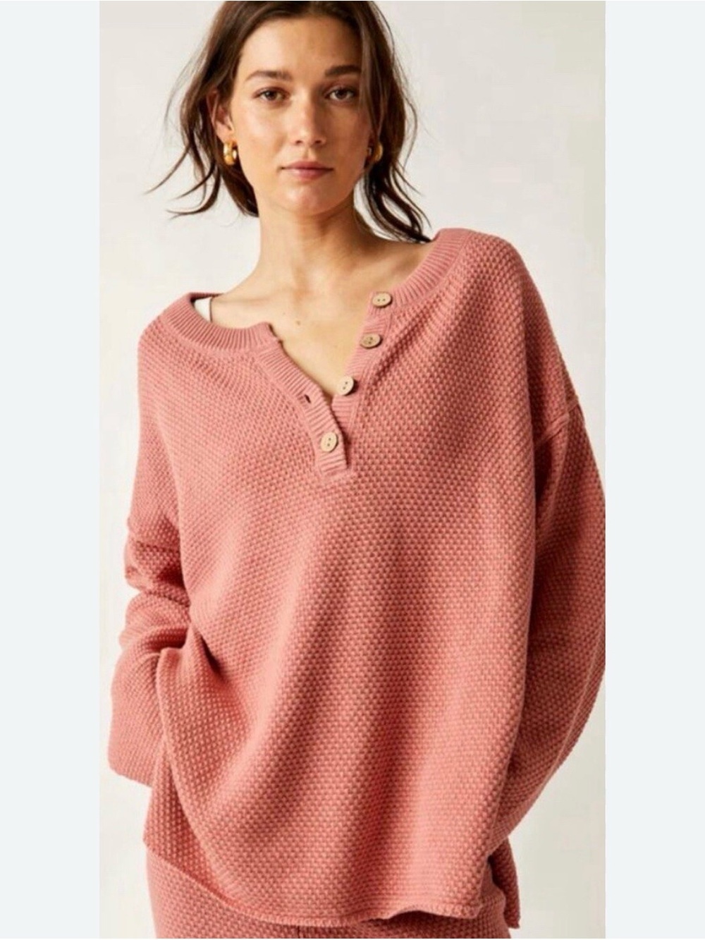 Free People Beach XS Hailee rust oversized waffle 1/2 button crew cotton tunic - Picture 3 of 15